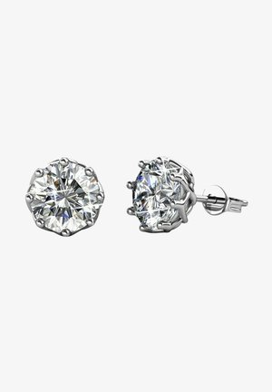 Runde Steckerohrringe mit klaren, facettierten Edelsteinen, die in einer silberfarbenen Fassung mit einem Sechsgriffe-Design eingesetzt sind.