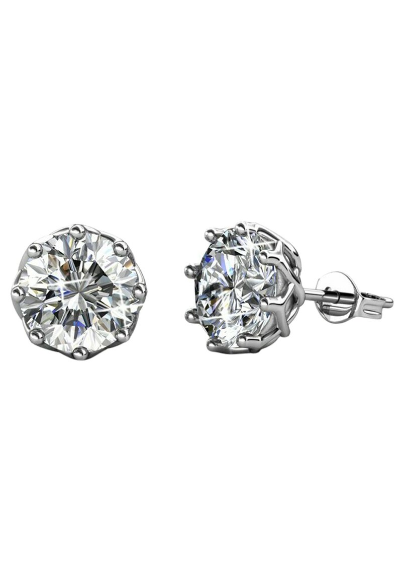 Orecchini a perno rotondi con gemme trasparenti e sfaccettate, montati su una base tono argento con un design a sei artigli.