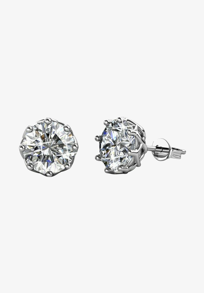 Orecchini a perno rotondi con gemme trasparenti e sfaccettate, montati su una base tono argento con un design a sei artigli.