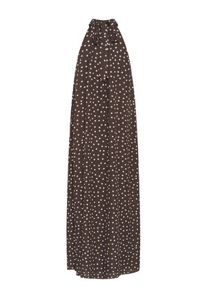 Hosszú barna szoknya fehér pöttyökkel, megkötős derékrésszel és légies, pliszírozott kialakítással.