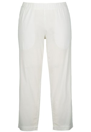 Witte, lichte broek met een elastische tailleband, met een recht pootontwerp en twee zijzakken. Zachte textuur, minimalistische stijl.