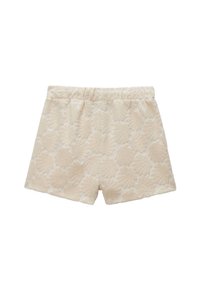 Shorts beige avec un motif en relief, taille élastique et un tissu doux et moelleux. Longueur courte avec une coupe décontractée.
