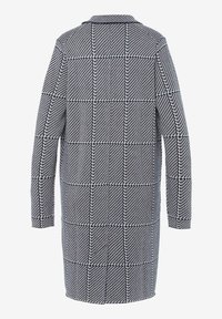 Manteau mi-long à manches longues avec un motif pied-de-poule noir et blanc, vu de dos avec un col.