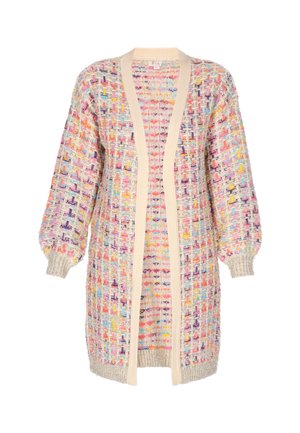 Breien cardigan met een veelkleurige geweven textuur in pastel tinten van roze, paars en geel; geribbelde manchetten en een open voorkant ontwerp.