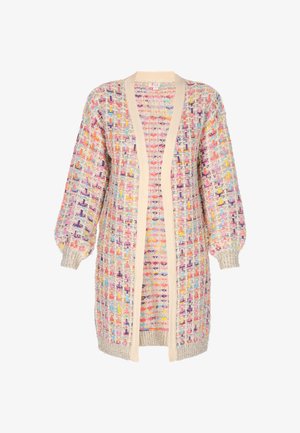 Kötött kardigán, amely színes, szőtt textúrával rendelkezik, pasztell rózsaszín, lila és sárga árnyalatokkal; bordás mandzsetták és nyitott elülső kialakítás.
