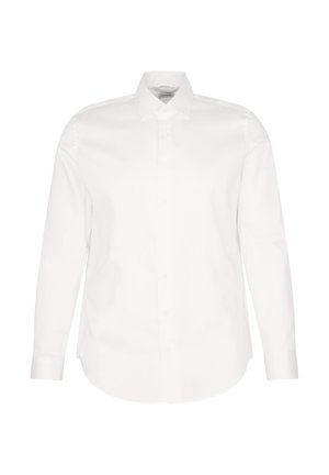 Witte langemouwen shirt van gladde stof met een standaard kraag, een knoopsluiting aan de voorkant en een ontspannen zoomontwerp.