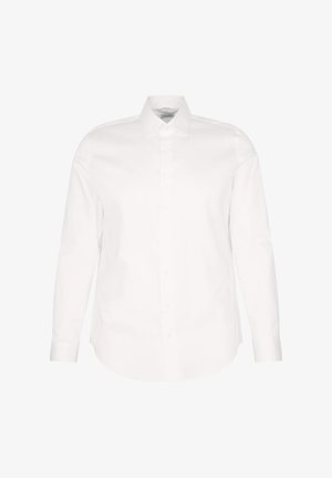 Camicia bianca a maniche lunghe realizzata in tessuto liscio, con colletto standard, chiusura frontale con bottoni e orlo rilassato.