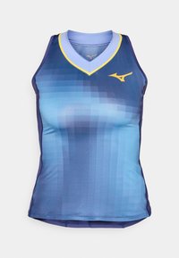 Ærmeløs atletisk top med en gradient-design i blå nuancer, en v-hals med gule accenter og en tætsiddende silhuet. Lavet af glat, letvægtsstof.