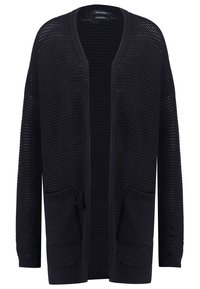 Öppen stickad cardigan i mörk marinblå, med avslappnad passform, långa ärmar, ribbade detaljer och två framfickor. Den strukturerade väven ger djup.