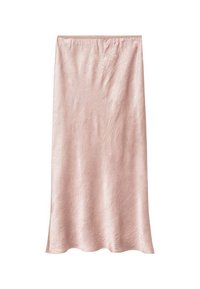 Light pink satin skirt with a smooth texture, mid-length design, and a subtle sheen. Features an elastic waistband for comfort.