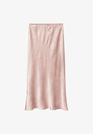 Ljusrosa satängkjol med en mjuk struktur, medellång design och en subtil lyster. Har ett elastiskt midjeband för komfort.