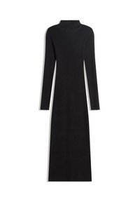 Vestito nero a maniche lunghe con collo alto, di lunghezza midi e texture liscia. Design semplice, senza motivi o accenti aggiuntivi.