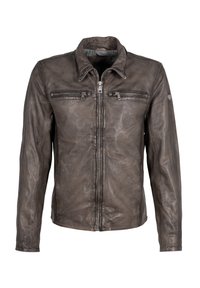 Giacca in pelle marrone con chiusura zip e due tasche anteriori con zip. Il design include un colletto e una finitura testurizzata.