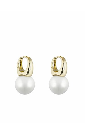 Gold hoop earrings each with a single large white pearl dangling below the polished clasp.