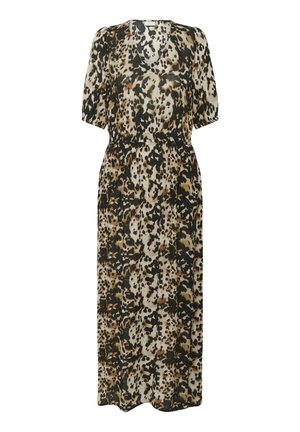 Rochie midi cu imprimeu leopard, cu mâneci scurte, decolteu în V, talie elastică și siluetă fluidă în nuanțe de bej, Maro și negru.