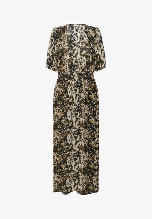 Leo raštuotas midi suknelė su trumpomis rankovėmis, V formos iškirpte, elastinga juosmens juosta ir plačia siluetu, pagaminta smėlio, rudos ir juodos spalvų.