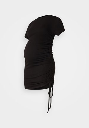 Juoda nėščiųjų suknelė su trumpomis rankovėmis, šoninėmis susiraukšlėjimo detalėmis ir reguliuojamais raišteliais; pagaminta iš švelnaus, tamprios medžiagos.