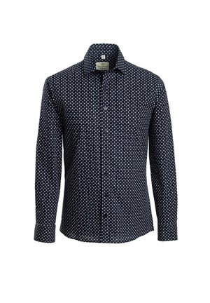 Marineblauwe katoenenshirt met een button-down kraag, voorzien van witte stippen en lange mouwen met knoopmanchetten.