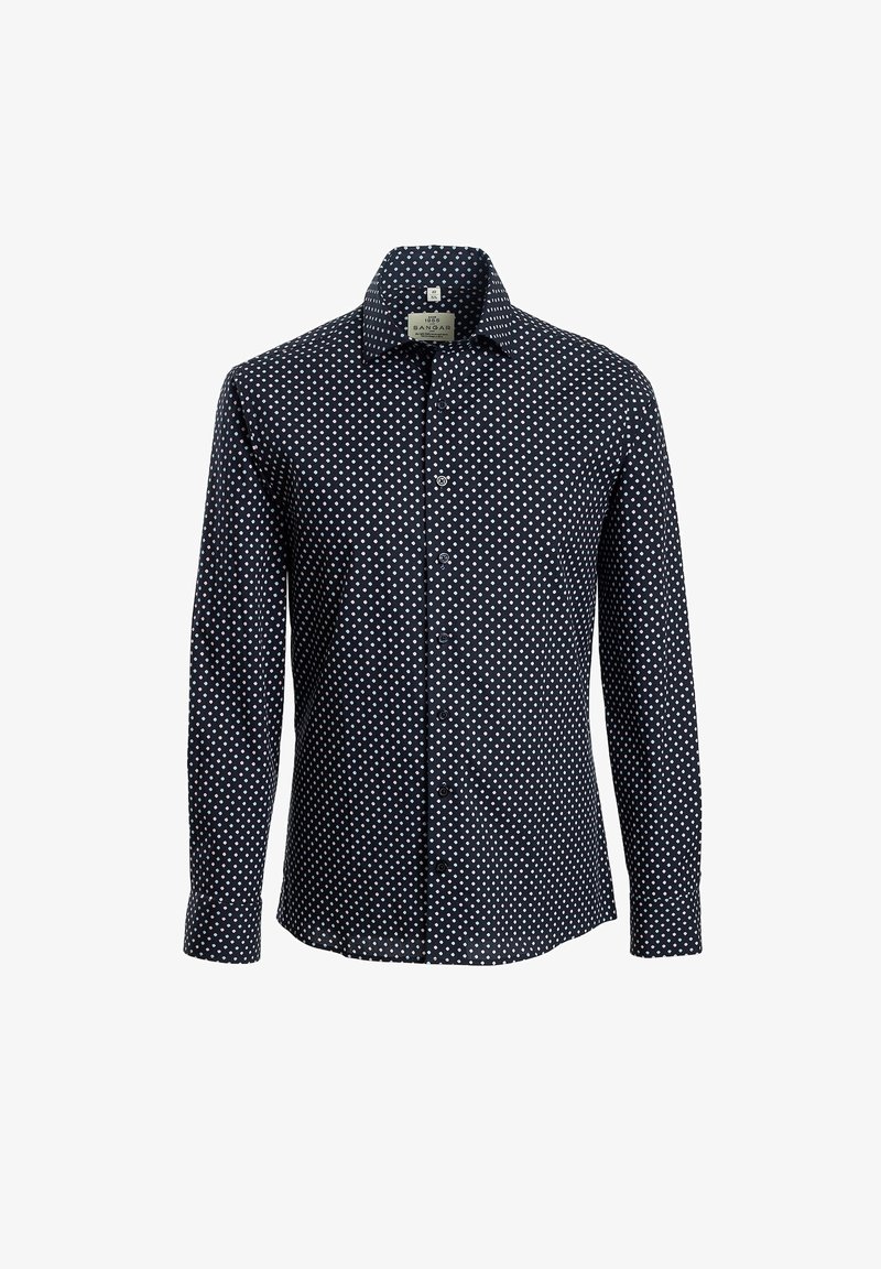 Tumepunane särg, mis on valmistatud puuvillast, tumesinine, nupuga krae, millel on valged täpid ja pikad varrukad nupuvarredega.