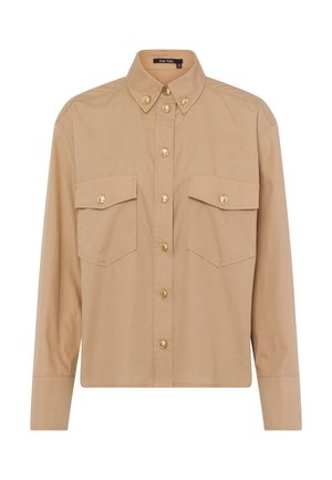 Beige Hemd mit Knöpfen, Kragen, langen Ärmeln und zwei Brusttaschen. Verfügt über goldene Knöpfe und eine glatte Baumwollstruktur.