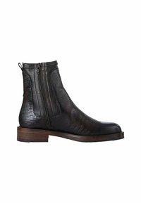 Bottine en cuir noir avec finition texturée, doubles fermetures éclair latérales, bout arrondi et petit talon en bois. Présente un motif décoratif.