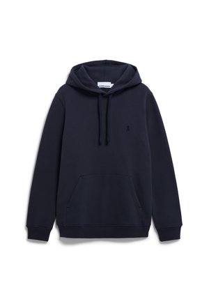 Dunkelblauer Hoodie aus einem weichen Stoff, mit einer Kängurutasche, einer Kapuze mit Kordelzug und einem kleinen gestickten Logo auf der Brust.