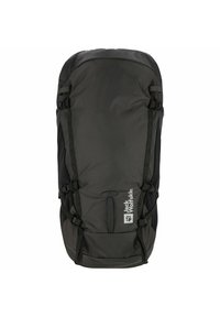 Schwarzer Rucksack aus strapazierfähigem Material mit verstellbaren Trägern, einem schlanken Design und einem Logo-Patch auf der Vorderseite.