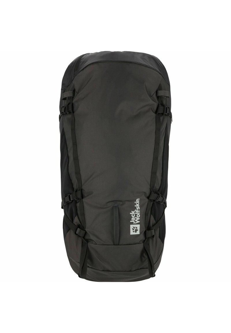 Schwarzer Rucksack aus strapazierfähigem Material mit verstellbaren Trägern, einem schlanken Design und einem Logo-Patch auf der Vorderseite.