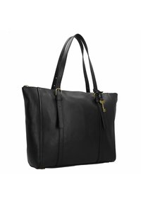 Borsa tote in pelle nera con due manici lunghi, chiusura con zip superiore, dettagli di cucitura e un accento in metallo dorato a forma di chiave sul lato.