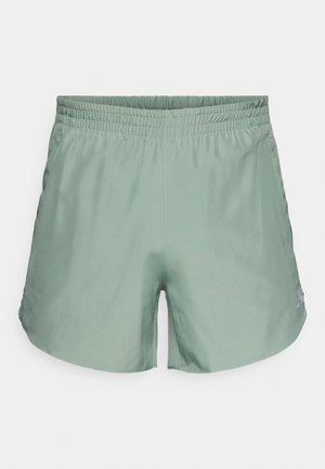 Light green athletic shorts with an elastic waistband, made of smooth fabric, featuring a subtle logo on the lower side.