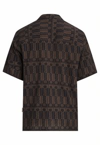 Camicia a maniche corte di colore marrone scuro con un motivo floreale. Realizzata in tessuto morbido, presenta una vestibilità rilassata e un collo con bottoni.
