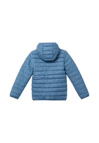 Himmelblau gesteppte Jacke mit Kapuze, ausgestattet mit horizontalen Nähten zur Isolation, langen Ärmeln und einem schlichten Design ohne sichtbare Hardware.