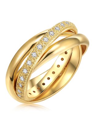 Goldener Dreifachring mit strukturiertem Band, verziert mit kleinen klaren Kristallen, glatter polierter Oberfläche und abgerundeten Kanten.