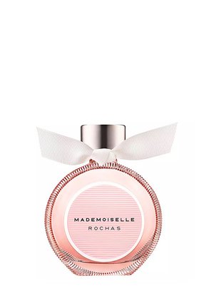 Round pink perfume bottle labeled "Mademoiselle Rochas" with a silver cap and a large white ribbon tied around the neck.