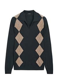 Donkergroene trui met een V-hals en lange mouwen, gedetailleerd met een beige ruitmotief aan de voorkant. Zachte gebreide stof en een klassiek kraagontwerp.