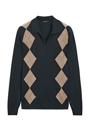 Mørkegrøn sweater med V-hals og lange ærmer, detaljeret med tanfarvet argylemønster på forsiden. Blødt strikstof og klassisk kravedesign.