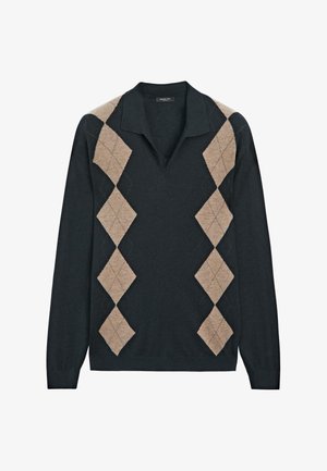 Mörkgrön tröja med V-ringning och långa ärmar, detaljerad med ett tanfärgat argylemönster fram. Mjuk stickad tyg och klassisk krage.