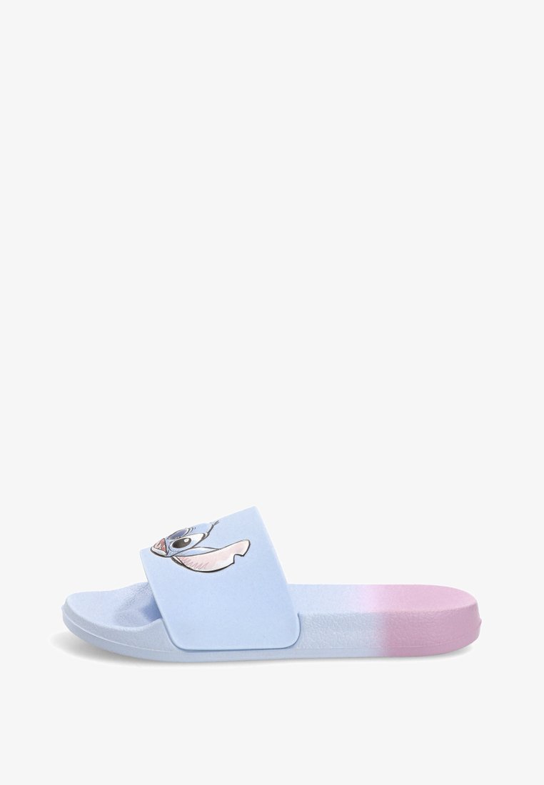 Sandalia tipo slide con suela en degradado de azul a rosa y una correa azul con la cara de un personaje de dibujos animados.