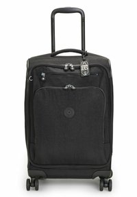 Black wheeled suitcase with a textured surface, dual zippered front pocket, and a retractable handle. Features four rolling wheels and a tag.