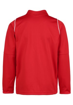 Giacca rossa a maniche lunghe con colletto alto, caratterizzata da strisce bianche lungo le spalle. Tessuto morbido e leggero. Vista posteriore mostrata.