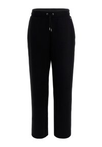 Crne trenirke s elastičnom trakom u struku, ravnog kroja, elastičnim manžetama i mekanom teksturom. Nema vidljivih uzoraka ili akcenta.