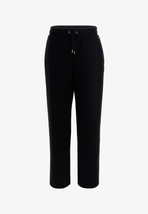 Črne trenirke z vrvico v pasu, ravne noge, elastik na robovih in mehak material. Brez vidnih vzorcev ali dodatkov.