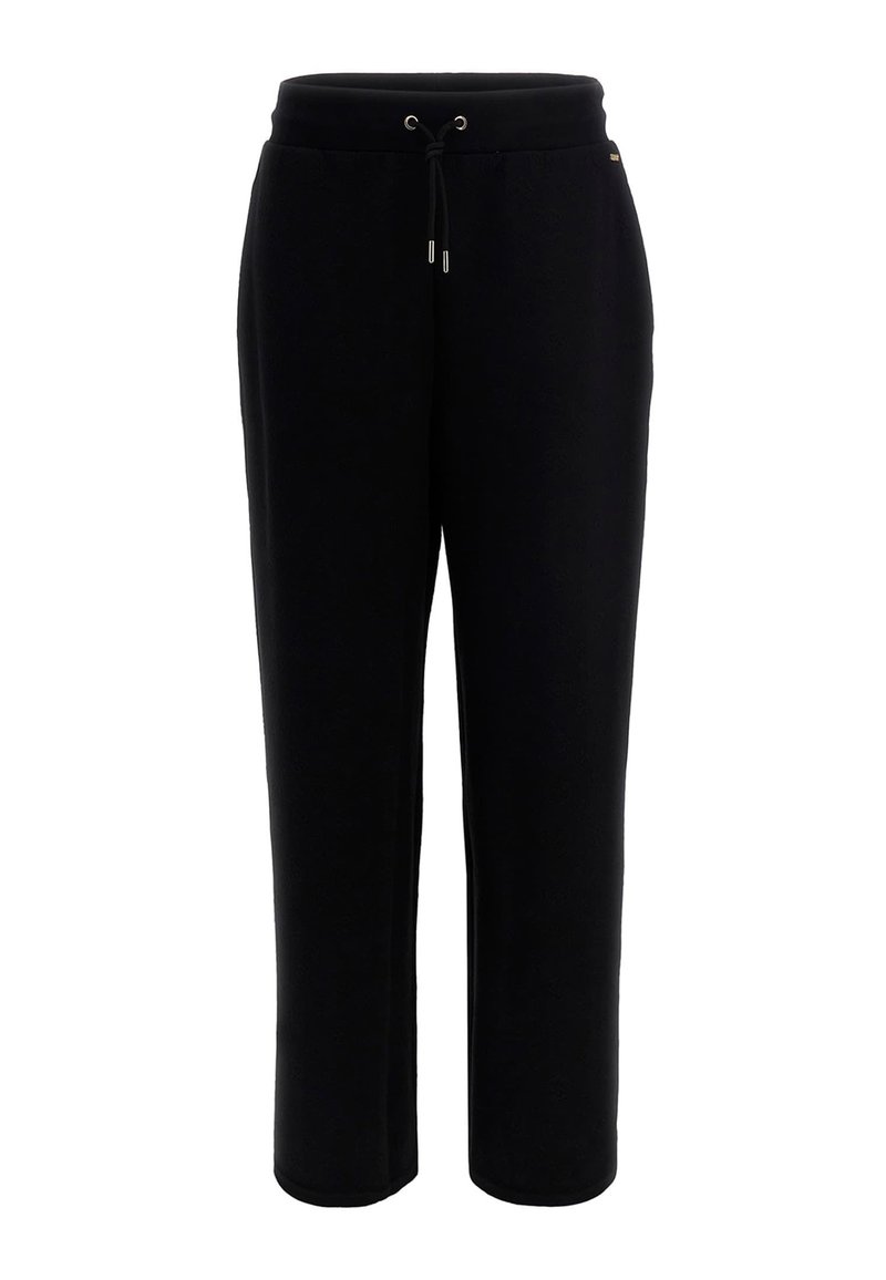 Crne trenirke s elastičnom trakom u struku, ravnog kroja, elastičnim manžetama i mekanom teksturom. Nema vidljivih uzoraka ili akcenta.