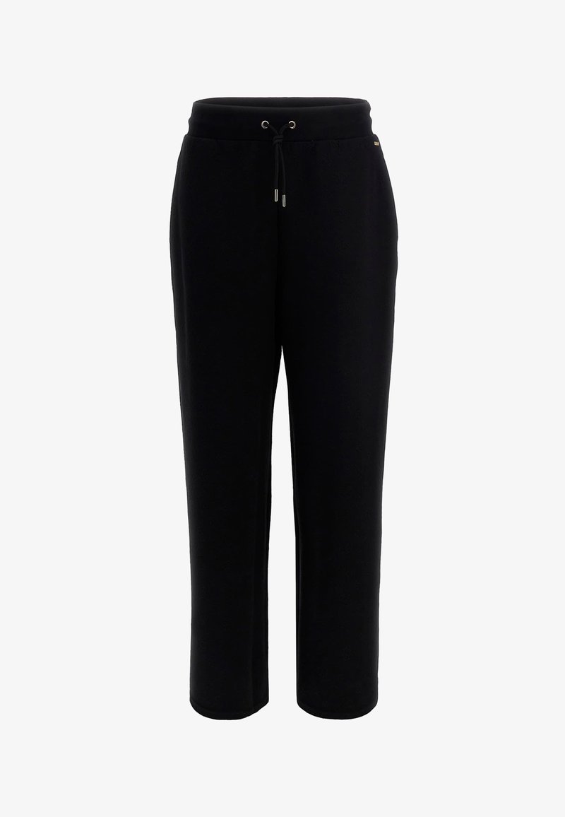 Crne trenirke s elastičnom trakom u struku, ravnog kroja, elastičnim manžetama i mekanom teksturom. Nema vidljivih uzoraka ili akcenta.