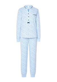 Conjunto de pijama de manga larga en azul claro con pequeño estampado de flores en color marino, cuello con ribete marino, botones, bolsillo en el pecho y pantalones a juego con tobillos ajustados.
