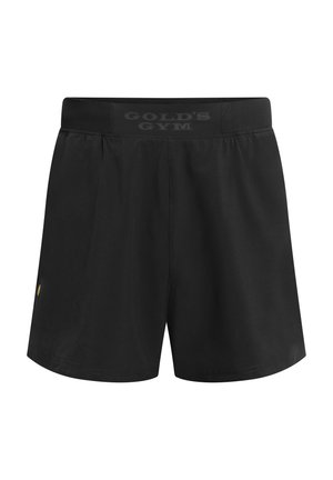 Schwarze Sportshorts mit elastischem Bund, versehen mit dem Schriftzug "Gold's Gym" und einem kleinen goldenen Emblem am linken Bein.