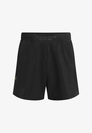 Schwarze Sportshorts mit elastischem Bund, versehen mit dem Schriftzug "Gold's Gym" und einem kleinen goldenen Emblem am linken Bein.