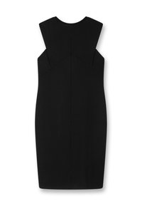 Schwarzes ärmelloses Kleid mit taillierter Silhouette, geometrischer Paneelierung und glatter Textur. Minimalistisches Design ohne Verzierungen.