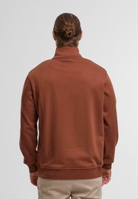 Brun, tekstureret sweatshirt med høj krave og ribbede manchetter, vist fra ryggen. Løs pasform, enkelt design, velegnet til afslappet brug.