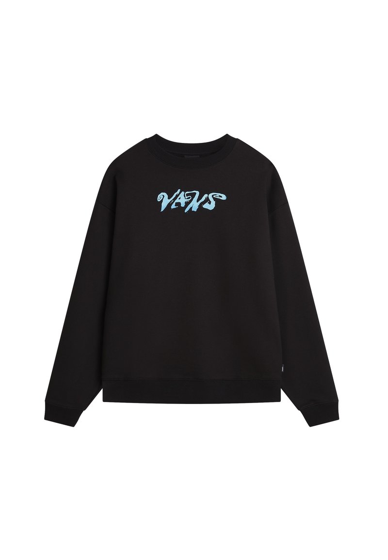 Sudadera negra con el logotipo azul de "VANS" en la parte frontal, cuello redondo, mangas largas, y puños y dobladillo acanalados.
